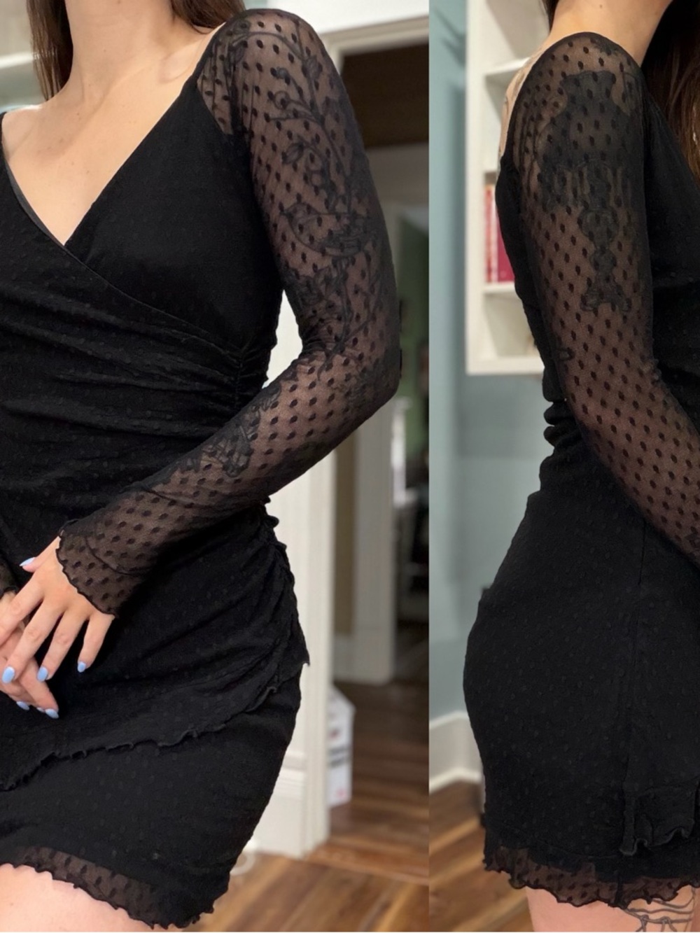 Vintage 90s/Y2K Betsey Johnson Swiss Dot Mesh Sleeve Ruched Mini Dress - Picture 5 of 6